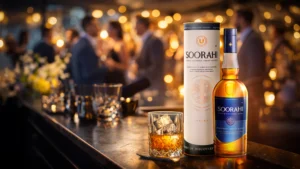 Premium whisky bottle with glass at elegant evening gathering scene