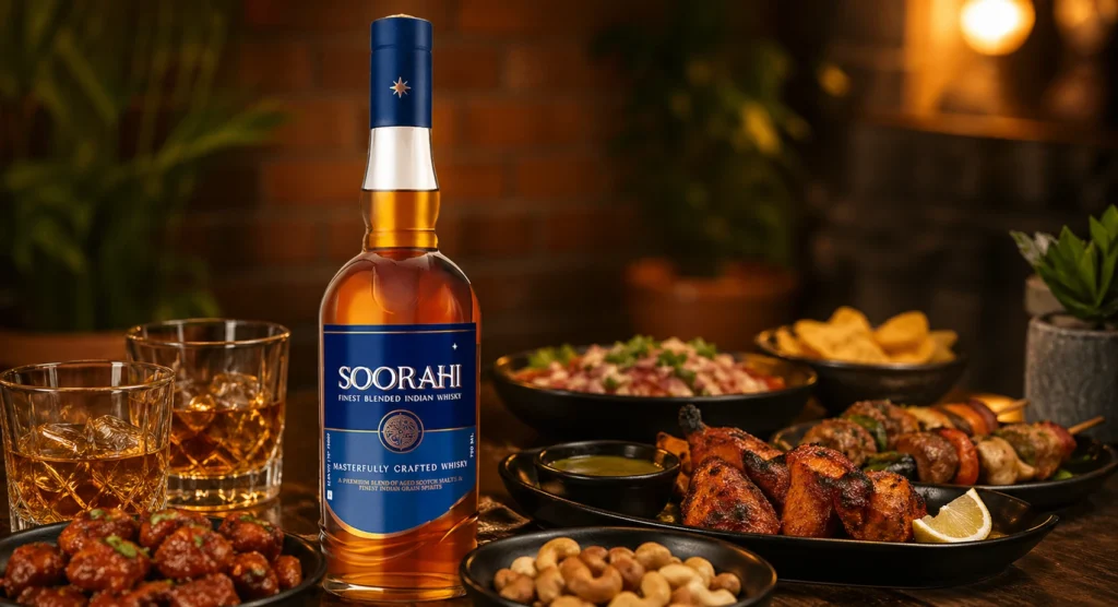 Soorahi whisky with kebabs, nuts, and drinks on a cozy dining table