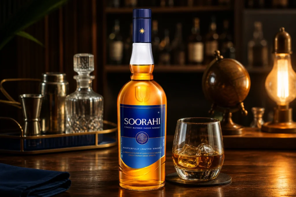 Premium Soorahi whisky with glass on wooden table