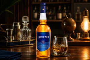 Premium Soorahi whisky with glass on wooden table