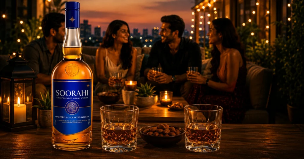 Premium whisky bottle and glasses in a relaxing evening