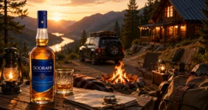 Weekend road trip scene featuring Soorahi blended whisky with a cozy cabin and peaceful outdoor