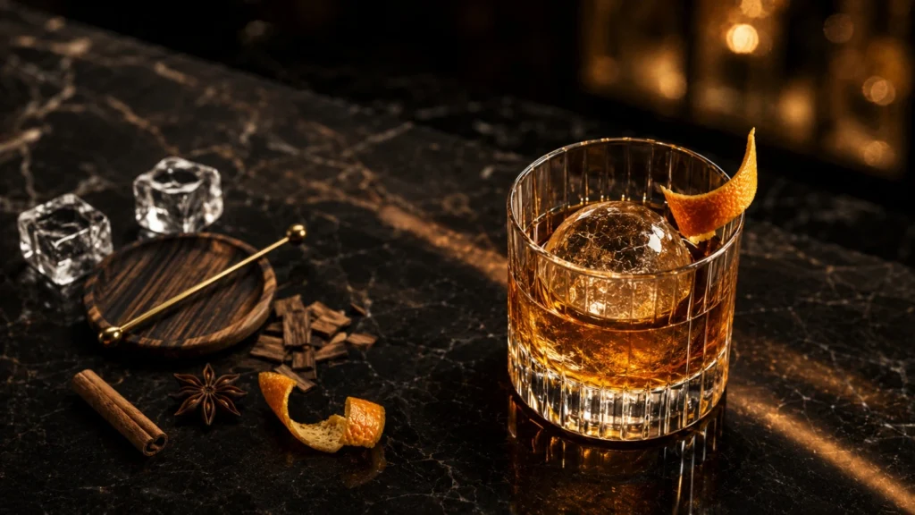 Whisky featuring oak influence, orange peel garnish, and warm spice notes