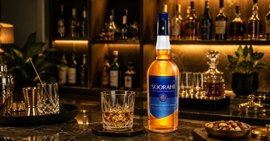 Premium Indian whisky bottle in a stylish home bar for enthusiasts