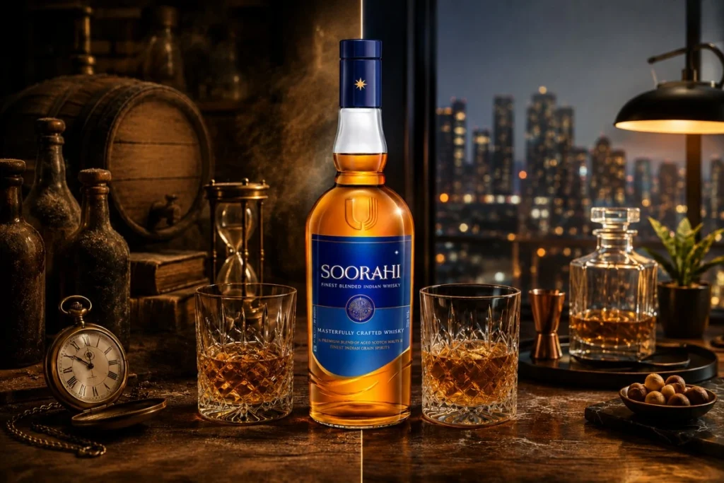 Premium Soorahi whisky bottle comparing aged and modern whisky experiences