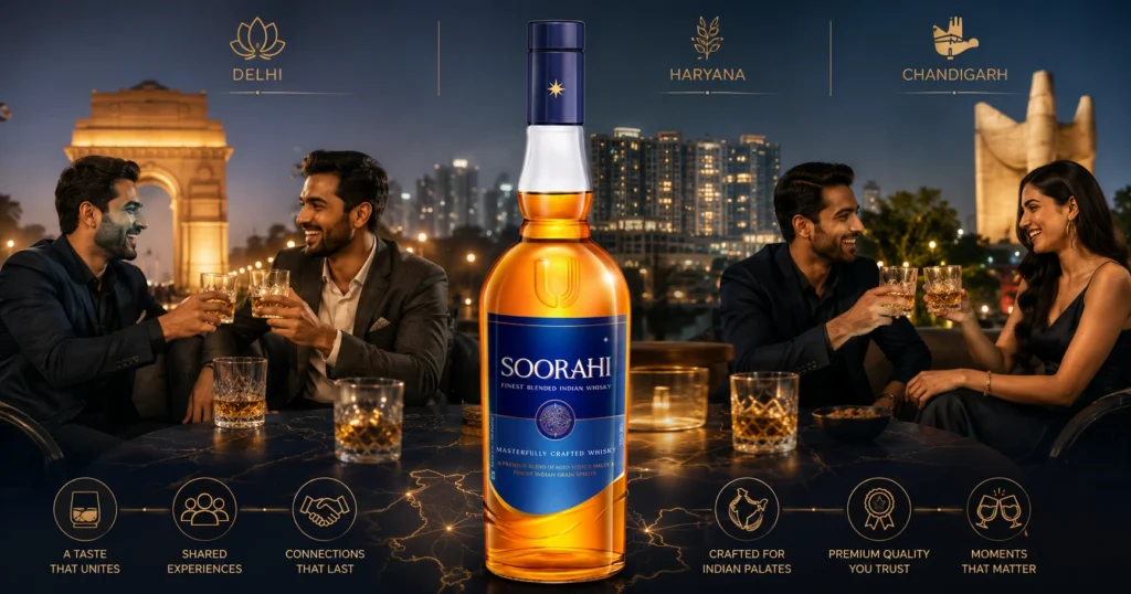 Premium whisky consumers enjoying shared experiences and connections across three North Indian regions.