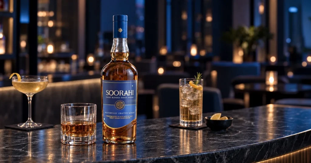 Soorahi Indian whisky bottle with drinks on bar