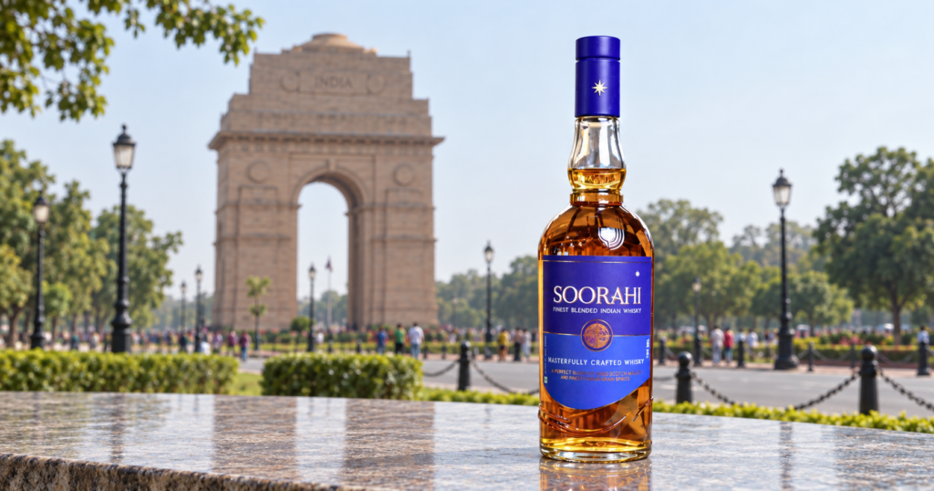 Soorahi Indian blended whisky bottle in front of India Gate, New Delhi, illustrating how to choose the best whisky in Delhi for every occas