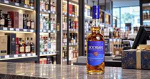 Soorahi whisky bottle displayed in a liquor store beside a festive gift box for parties and festive gifting in Haryana.
