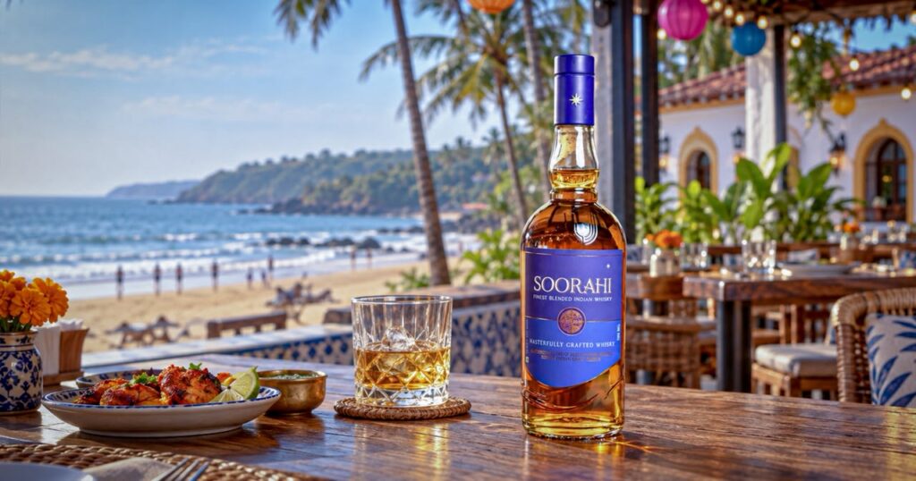 Soorahi premium blended Indian whisky bottle on a beachside restaurant table in Goa with a whisky glass, food and scenic ocean views.