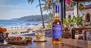 Soorahi premium blended Indian whisky bottle on a beachside restaurant table in Goa with a whisky glass, food and scenic ocean views.