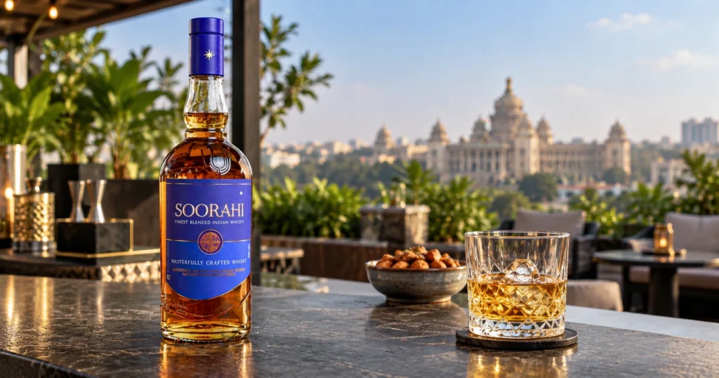 Soorahi whisky with a glass and snacks on a terrace