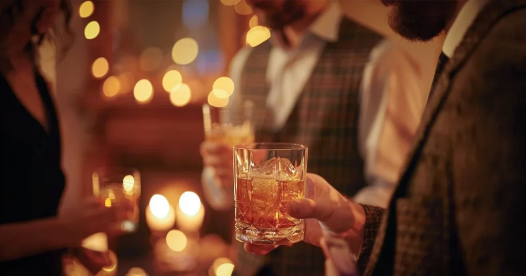 Guests holding whisky glasses at a festive gathering