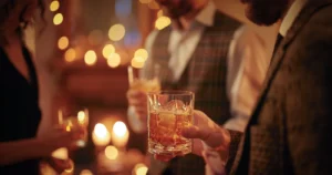 Guests holding whisky glasses at a festive gathering