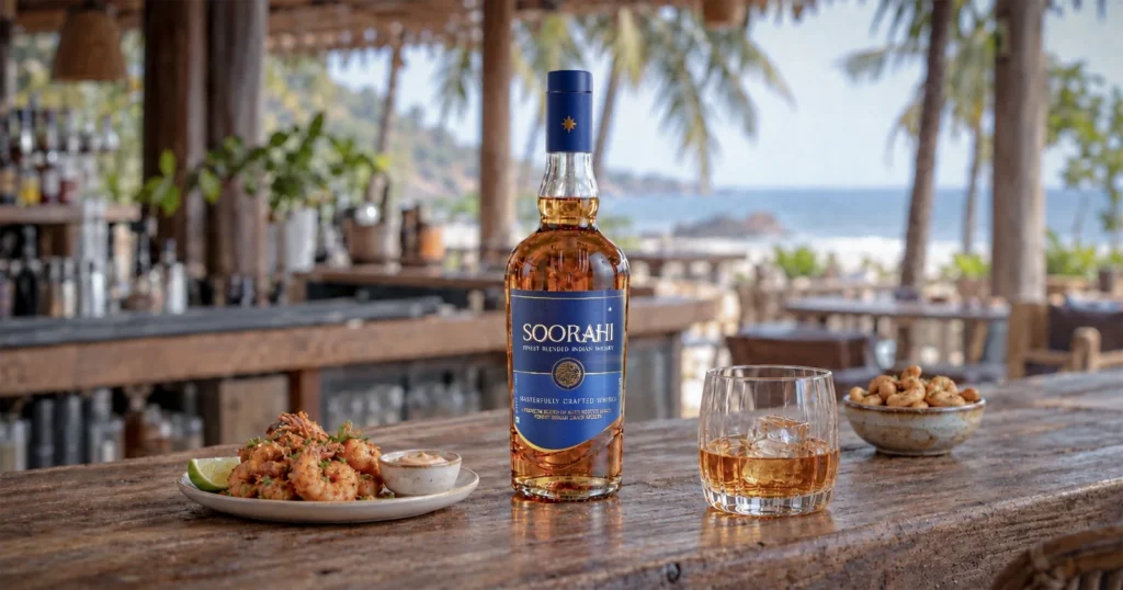Indian whisky with food at a Goa seaside bar