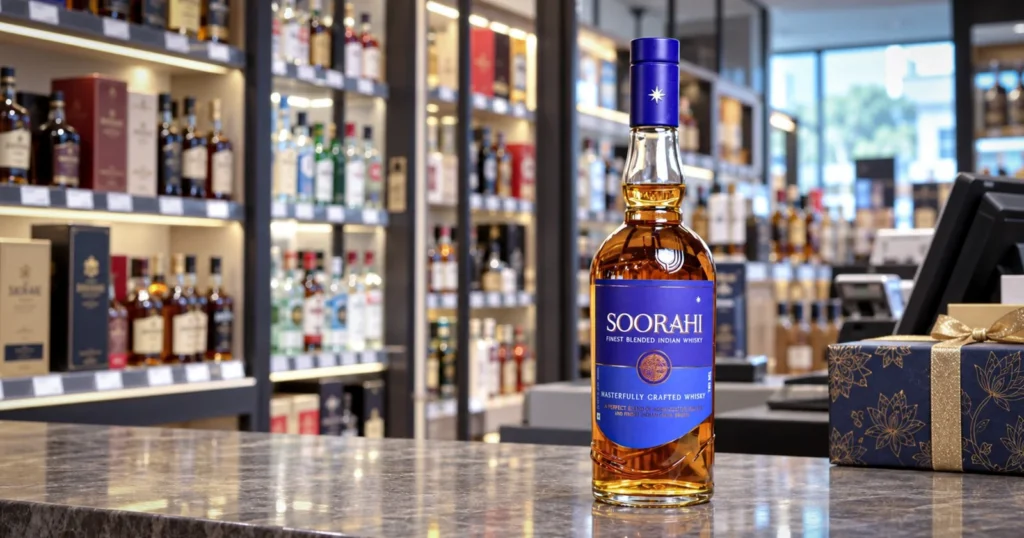 Soorahi premium blended Indian whisky bottle on a counter